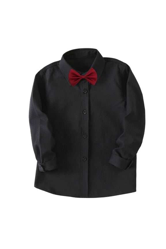 Boys Tops Classic Long Sleeve Lapel Solid Color Shirt Kids Formal Performance Buttons Tee Tops Comfortable Stylish Soft Breathable Clothes,Black,3-4 Years