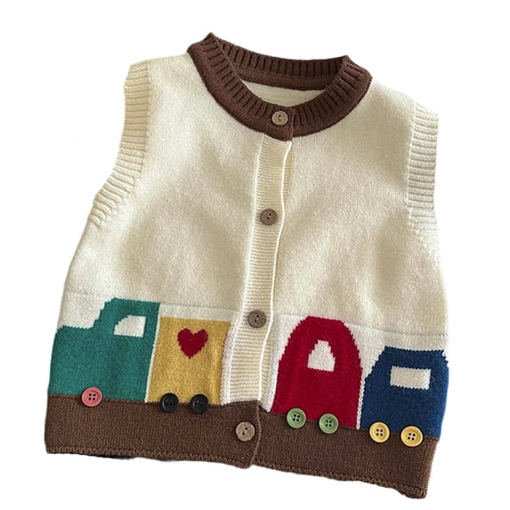 LIIPEE Cartoon Graphic Knit Cardigan Sweater For Girls Sleeveless Button Up Sweater Vest Kids Autumn Winter Cute Cozy Daily Wear,4-5 Years