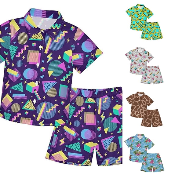LIIPEE Cartoon Graphic Outfit Sets For Boys Short Sleeve Button Up Shirts And Shorts 2 Piece Set Kids Comfortable Cute Casual Summer Outfits,10-11 Years