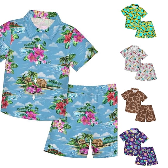 LIIPEE Cartoon Graphic Outfit Sets For Boys Short Sleeve Button Up Shirts And Shorts 2 Piece Set Kids Comfortable Cute Casual Summer Outfits,10-11 Years