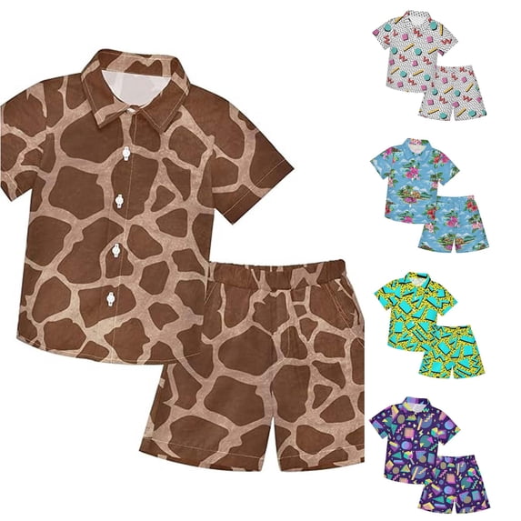 LIIPEE Cartoon Graphic Outfit Sets For Boys Short Sleeve Button Up Shirts And Shorts 2 Piece Set Kids Comfortable Cute Casual Summer Outfits,2-3 Years
