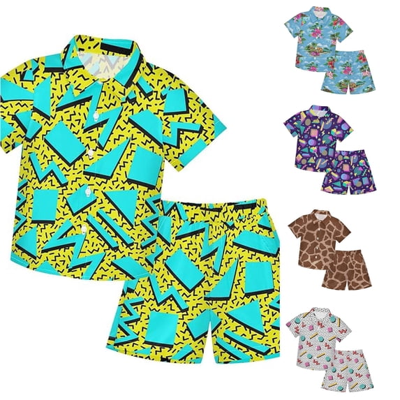 LIIPEE Cartoon Graphic Outfit Sets For Boys Short Sleeve Button Up Shirts And Shorts 2 Piece Set Kids Comfortable Cute Casual Summer Outfits,4-5 Years