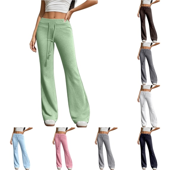 LIIPEE Casual Flared Pants For Women Solid Color Drawstring Waist Loose Pants Ladies Comfortable Everyday Trousers,L