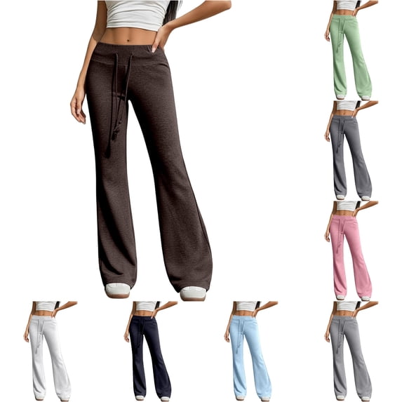 LIIPEE Casual Flared Pants For Women Solid Color Drawstring Waist Loose Pants Ladies Comfortable Everyday Trousers,S