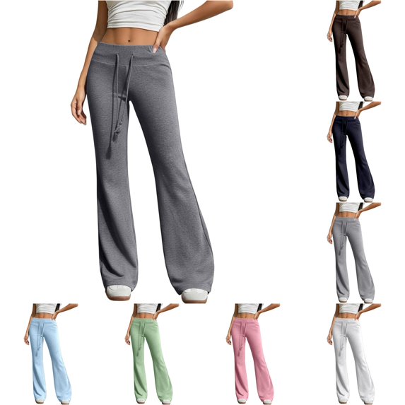 LIIPEE Casual Flared Pants For Women Solid Color Drawstring Waist Loose Pants Ladies Comfortable Everyday Trousers,S