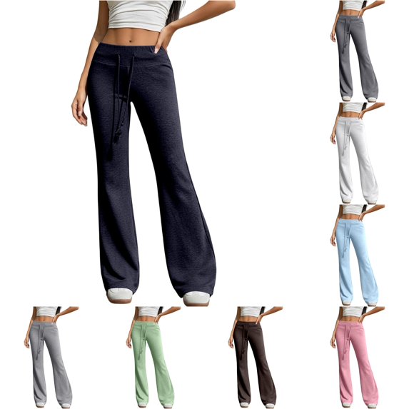 LIIPEE Casual Flared Pants For Women Solid Color Drawstring Waist Loose Pants Ladies Comfortable Everyday Trousers,XL