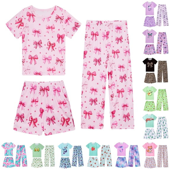 LIIPEE Casual Graphic Pajamas For Girls Short Sleeve Tees Shorts Pants Pajama Set 3 Piece 3-12 Years