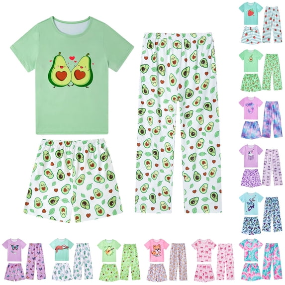 LIIPEE Casual Graphic Pajamas For Girls Short Sleeve Tees Shorts Pants Pajama Set 3 Piece 3-12 Years