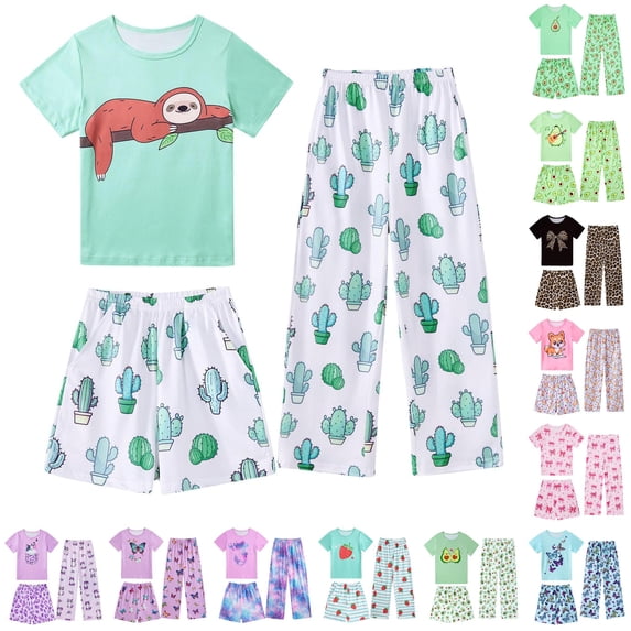 LIIPEE Casual Graphic Pajamas For Girls Short Sleeve Tees Shorts Pants Pajama Set 3 Piece 3-12 Years