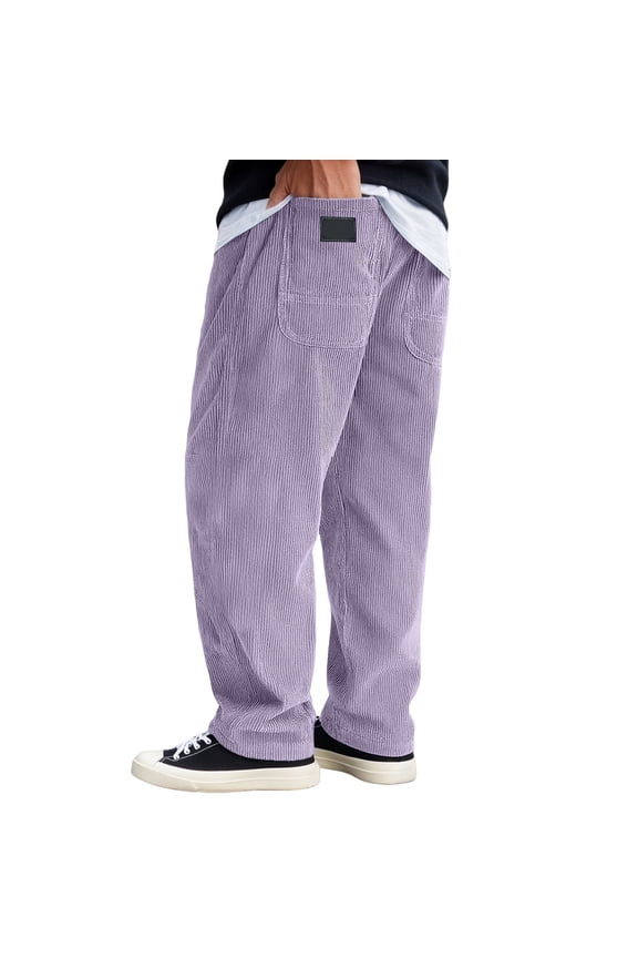 Casual Pants For Men Fall Winter Warm Solid Color Elastic Waist Drawstring Straight Wide Leg Corduroy Trousers With Pockets Man Classic Indoor Outdoor Wear Travel Pants,Purple,Xxxxxl