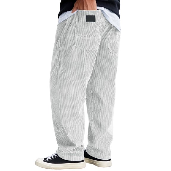 LIIPEE Casual Pants For Men Fall Winter Warm Solid Color Elastic Waist Drawstring Straight Wide Leg Corduroy Trousers With Pockets Man Classic Indoor Outdoor Wear Travel Pants,White,S