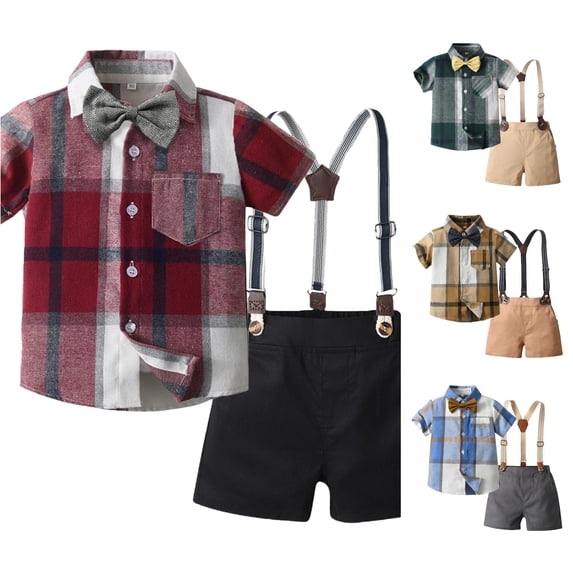 LIIPEE Casual Summer Outfit Sets For Boys Short Sleeve Plaid Graphic Shirts Solid Color Suspender Shorts 2 Piece Set Kids Comfortable Gentleman Outfits,18-24 Months