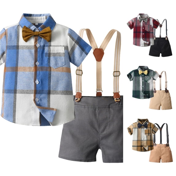 LIIPEE Casual Summer Outfit Sets For Boys Short Sleeve Plaid Graphic Shirts Solid Color Suspender Shorts 2 Piece Set Kids Comfortable Gentleman Outfits,12-18 Months