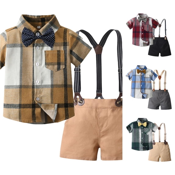 LIIPEE Casual Summer Outfit Sets For Boys Short Sleeve Plaid Graphic Shirts Solid Color Suspender Shorts 2 Piece Set Kids Comfortable Gentleman Outfits,3-4 Years
