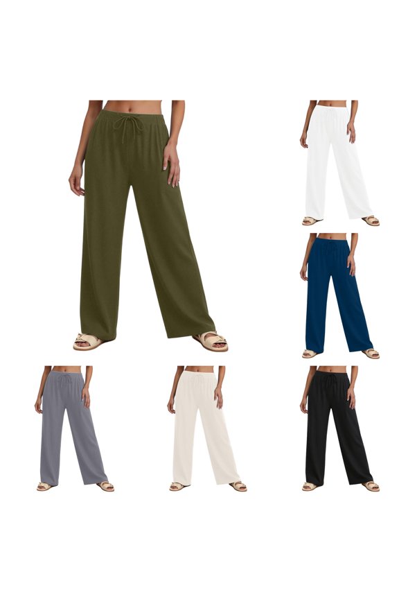 Casual Wide Leg Pants For Women Solid Color Drawstring Waist Palazzo Pants With Pockets Ladies Lightweight Breathable Trousers,S
