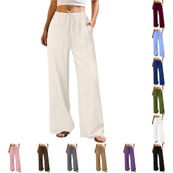 LIIPEE Casual Wide Leg Pants For Women Summer Solid Color Drawstring Waist Palazzo Pants With Pockets Ladies Lightweight Breathable Trousers,S