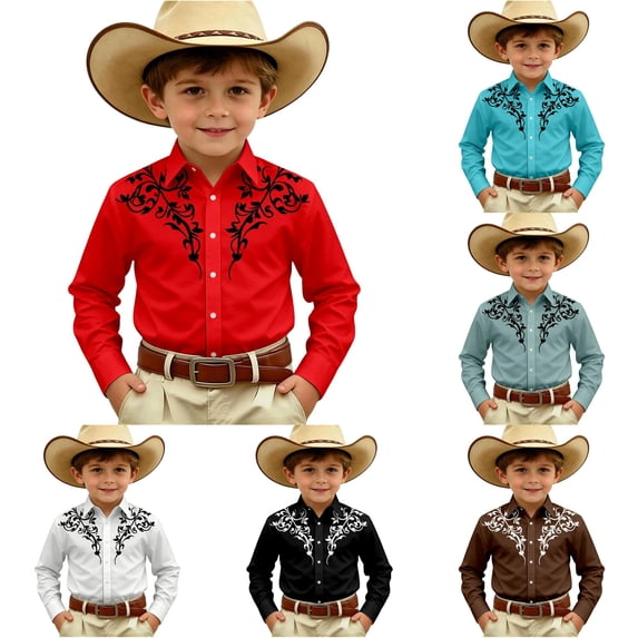 LIIPEE Cowboy Shirts For Boys Casual Fashion Graphic Print Long Sleeve Turn Down Collar Button Up Western Style Tops Kids Comfortable Cute Daily Wear,4-5 Years