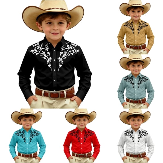 LIIPEE Cowboy Shirts For Boys Casual Fashion Graphic Print Long Sleeve Turn Down Collar Button Up Western Style Tops Kids Comfortable Cute Daily Wear,4-5 Years