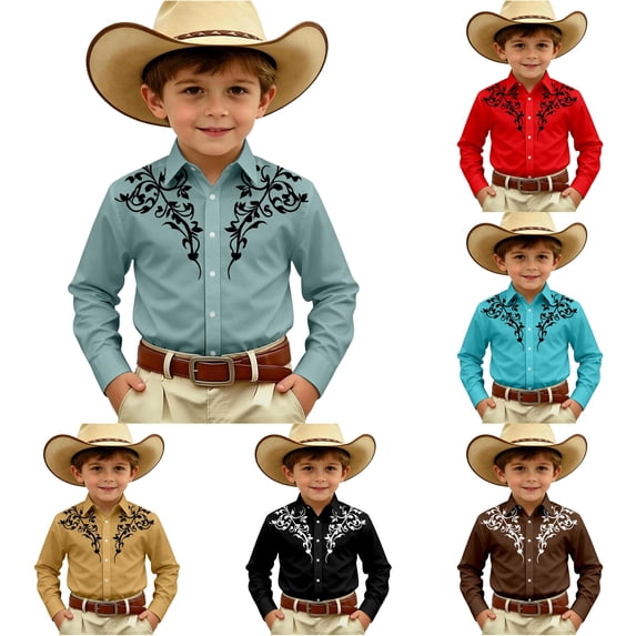 LIIPEE Cowboy Shirts For Boys Casual Fashion Graphic Print Long Sleeve Turn Down Collar Button Up Western Style Tops Kids Comfortable Cute Daily Wear,6-7 Years