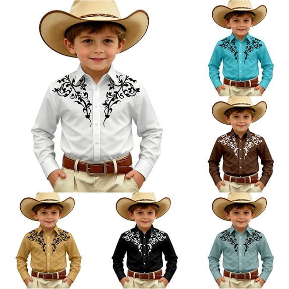 LIIPEE Cowboy Shirts For Boys Casual Fashion Graphic Print Long Sleeve Turn Down Collar Button Up Western Style Tops Kids Comfortable Cute Daily Wear,8-9 Years