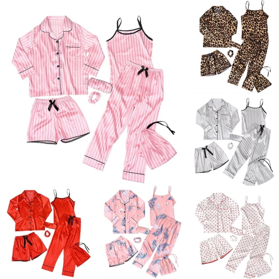 LIIPEE Cute Graphic Pajamas For Girls Blouse Camisole Shorts Pants Headband Storage Bag And Eye Mash Pajama Set 7 Piece Kids Sleepwear,5-6 Years