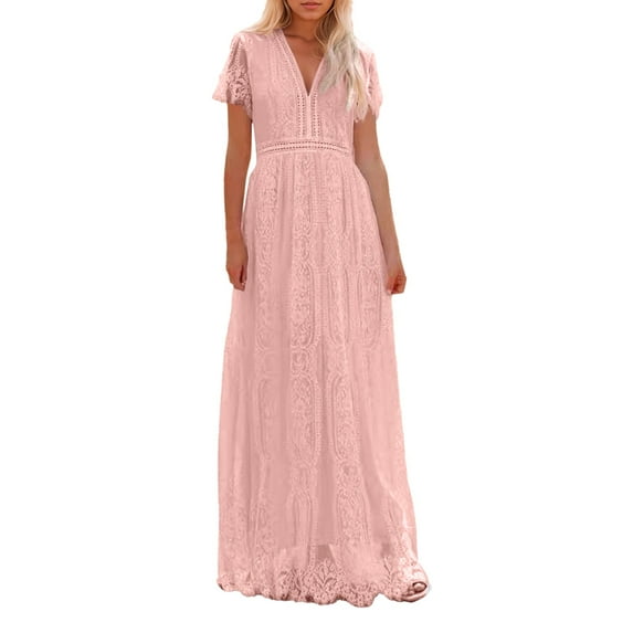 LIIPEE Dress Women Summer Dresses Wedding Guest Dress Elegant Solid Color V Neck Lace Short Sleeve Maxi Dress Sundress Female Versatile Baby Shower A-Line Dress,Pink,L