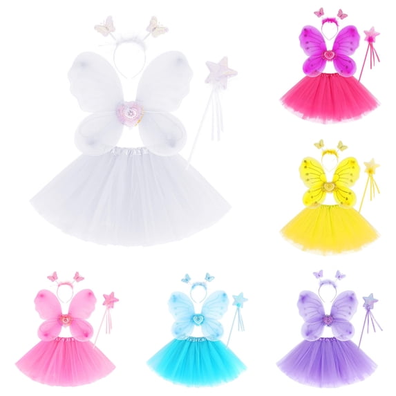 LIIPEE Fairy Dress Up Outfit Sets For Girls Mesh Tutu Skirts Wing Magic Wand And Headband 4 Piece Set Kids Comfortable Cute Party Outfits,3-10 Years
