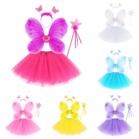 LIIPEE Fairy Dress Up Outfit Sets For Girls Mesh Tutu Skirts Wing Magic Wand And Headband 4 Piece Set Kids Comfortable Cute Party Outfits,3-10 Years