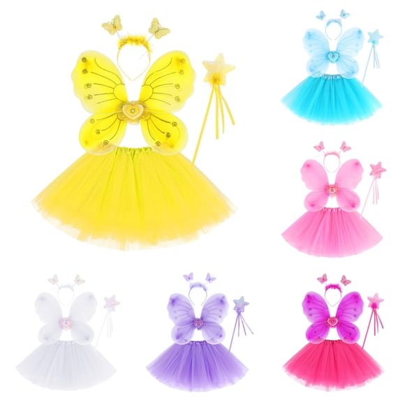 LIIPEE Fairy Dress Up Outfit Sets For Girls Mesh Tutu Skirts Wing Magic Wand And Headband 4 Piece Set Kids Comfortable Cute Party Outfits,3-10 Years