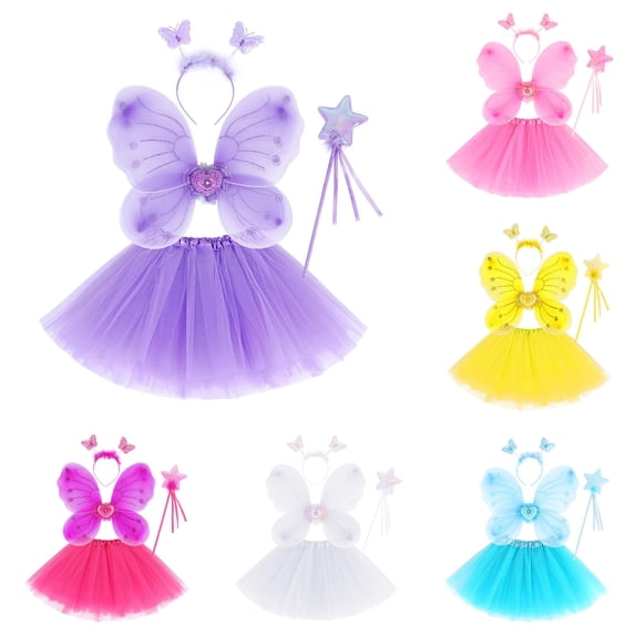 LIIPEE Fairy Dress Up Outfit Sets For Girls Mesh Tutu Skirts Wing Magic Wand And Headband 4 Piece Set Kids Comfortable Cute Party Outfits,3-10 Years