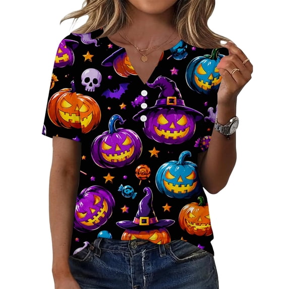 LIIPEE Fall Short Sleeve T Shirts For Women V Neck Halloween Graphic Tees Ladies Party Tshirt,S-XXL