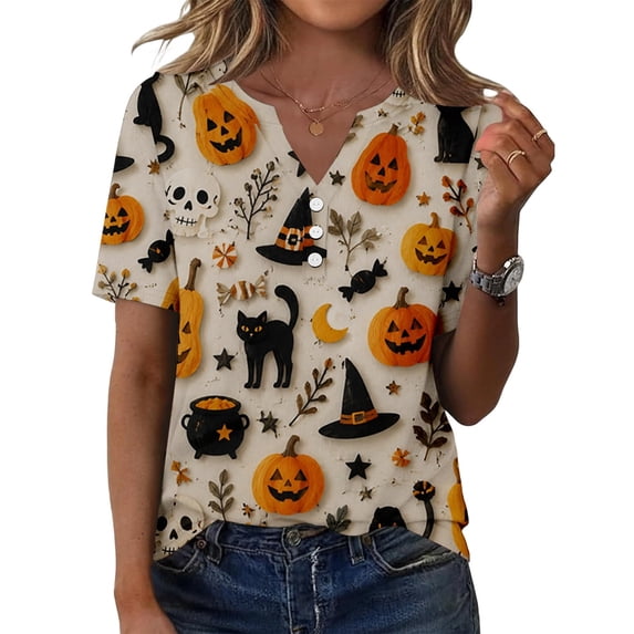 LIIPEE Fall Short Sleeve T Shirts For Women V Neck Halloween Graphic Tees Ladies Party Tshirt,S-XXL