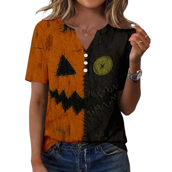 LIIPEE Fall Short Sleeve T Shirts For Women V Neck Halloween Graphic Tees Ladies Party Tshirt,S-XXL