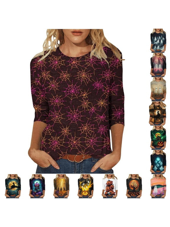 Fall Three Quarter Sleeve T Shirts For Women Crew Neck Halloween Graphic Tees Ladies Tshirt,S-XXXL