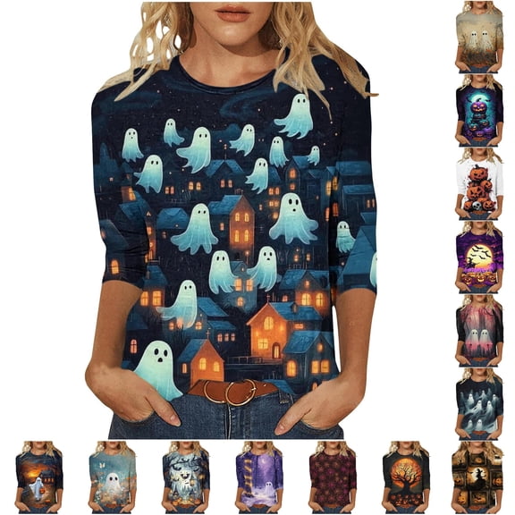 LIIPEE Fall Three Quarter Sleeve T Shirts For Women Crew Neck Halloween Graphic Tees Ladies Tshirt,S-XXXL