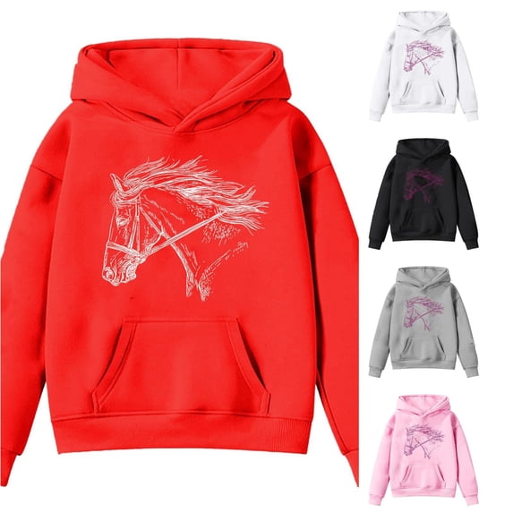 LIIPEE Fashion Horse Graphic Hoodie For Girls Long Sleeve Hooded Sweatshirt With Pockets Kids Autumn Cute Casual Pullover,4-5 Years