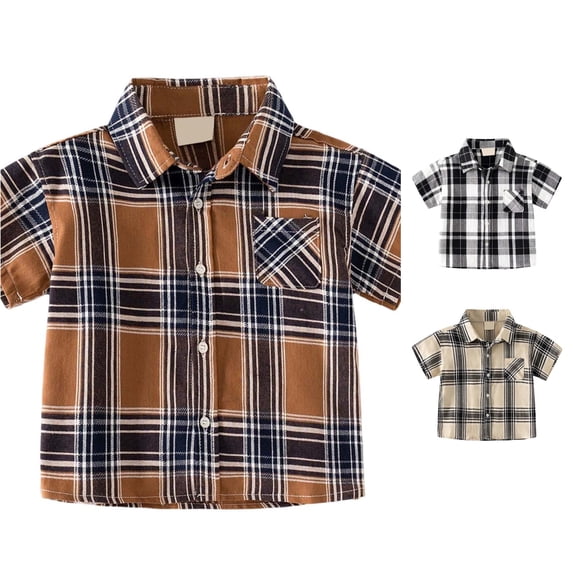 LIIPEE Fashion Plaid Graphic Button Up Shirts For Boys Short Sleeve Turn Down Collar Pocket Shirt Kids Casual Cute Summer Tops,4-5 Years