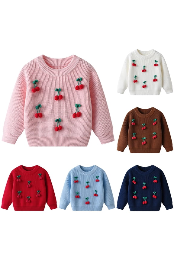 Fruit Embroidered Knit Sweater For Girls Long Sleeve Cute Warm Pullover Kids Autumn Winter Cozy Soft Everyday Casual Sweaters,6-9 Months