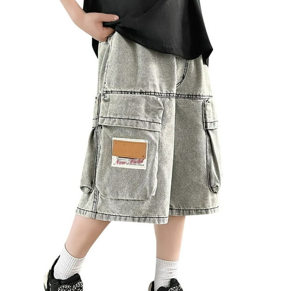 LIIPEE Girl Boy Cargo Jean Shorts Elastic Waist Wide Leg Denim Shorts With Pockets Child Casual Vacation Shorts,Grey,11-12 Years