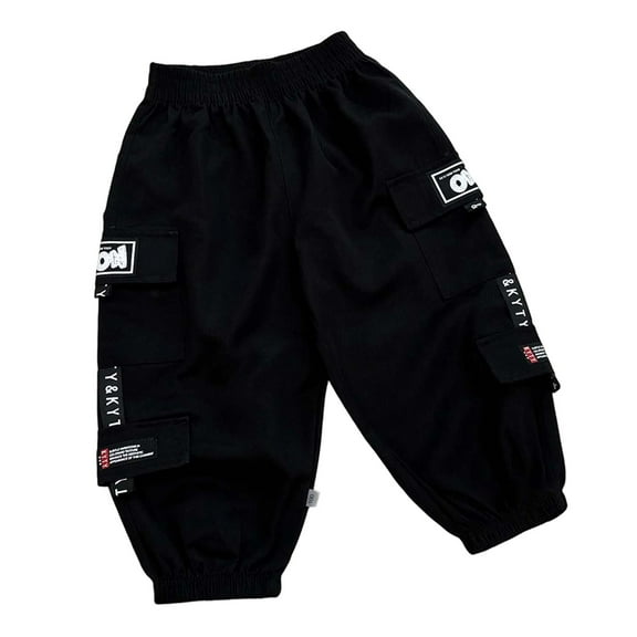 LIIPEE Girl Boy Cargo Pants Elastic Waist Wide Leg Work Trousers With Pockets Toddler Leisure Vacation Stretch Street Outdoor Hiking Pants,Black,2-3 Years