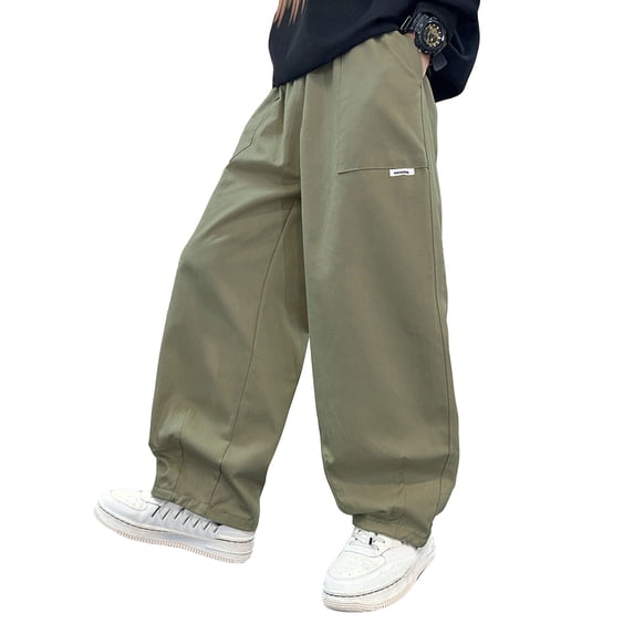 LIIPEE Girl Boy Cargo Pants Solid Color Baggy Elastic Waist Straight Wide Leg Trousers With Pockets Girls Trendy Daily Stretch Street Outdoor Hiking Pants,Army Green,11-12 Years