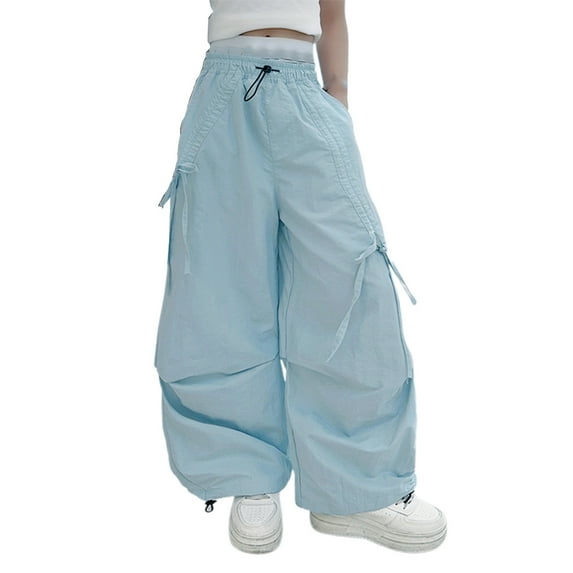 LIIPEE Girl Boy Cargo Pants Solid Color Elastic High Waist Drawstring Wide Leg Jogger Trousers With Pockets Classic Picnic Pants,Blue,4-5 Years