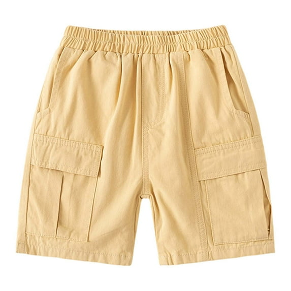 LIIPEE Girl Boy Cargo Shorts Solid Color Elastic Waist Short With Pockets Toddler Leisure School Shorts,Khaki,3-4 Years