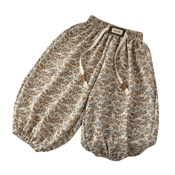 LIIPEE Girl Boy Casual Pants Flower Printed Elastic Waist Drawstring Wide Leg Jogger Trousers With Pockets Classic Vacation Pants,Beige,18-24 Months