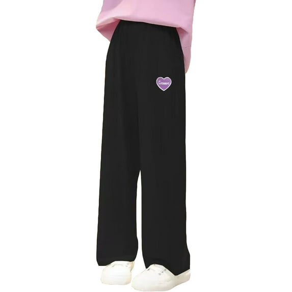 LIIPEE Girl Boy Casual Pants Solid Color Baggy Elastic Waist Straight Wide Leg Trousers With Pockets Boys Casual Birthday Stretch Street Outdoor Hiking Pants,Black,11-12 Years