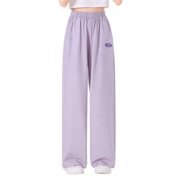 LIIPEE Girl Boy Casual Pants Solid Color Baggy Elastic Waist Straight Wide Leg Trousers With Pockets Girls Casual Daily Stretch Street Outdoor Hiking Pants,Purple,7-8 Years