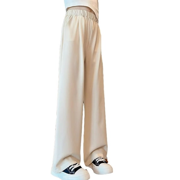 LIIPEE Girl Boy Dress Pants Solid Color Baggy Elastic Waist Straight Wide Leg Trousers With Pockets Kids Trendy Picnic Stretch Street Outdoor Hiking Pants,White,5-6 Years