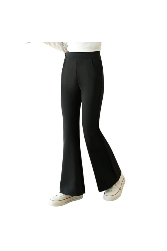 Girl Boy Flare Pants Solid Color Elastic High Waist Wide Leg Trousers With Pockets Toddler Stylish Vacation Stretch Street Outdoor Hiking Pants,Black,4-5 Years