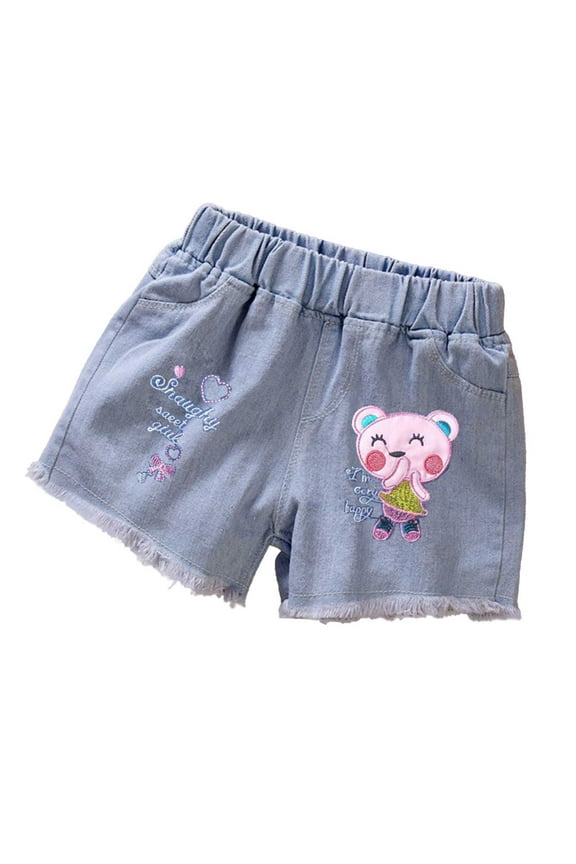 Girl Boy Jean Shorts Cartoon Animal Letter Embroidery Elastic Waist Denim Shorts With Pockets Newborn Classic Party Shorts,Sky Blue,4-5 Years