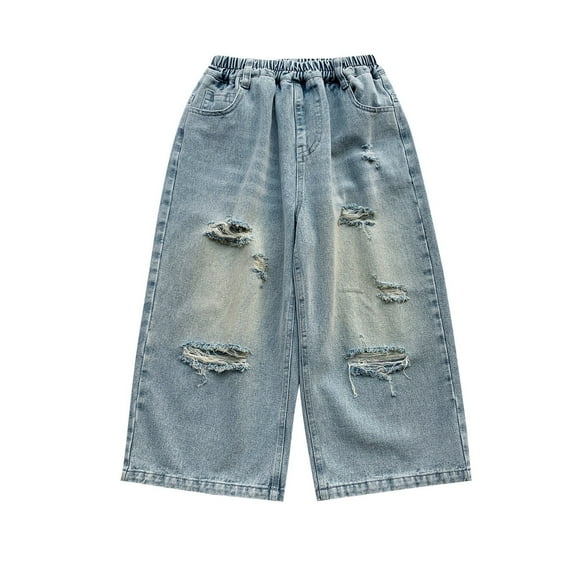 LIIPEE Girl Boy Ripped Jean Pants Baggy Elastic Waist Straight Wide Leg Distressed Denim Trousers With Pockets Boys Stylish Weekend Pants,Blue,5-6 Years